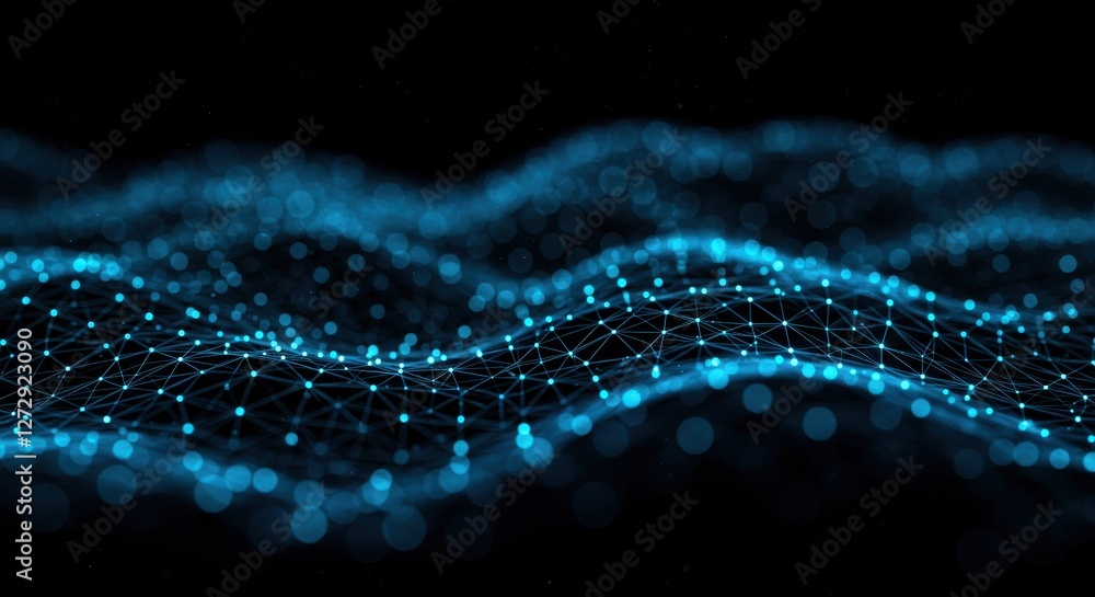 Poster a futuristic network visualization with glowing blue nodes connected by thin light lines symbolizing