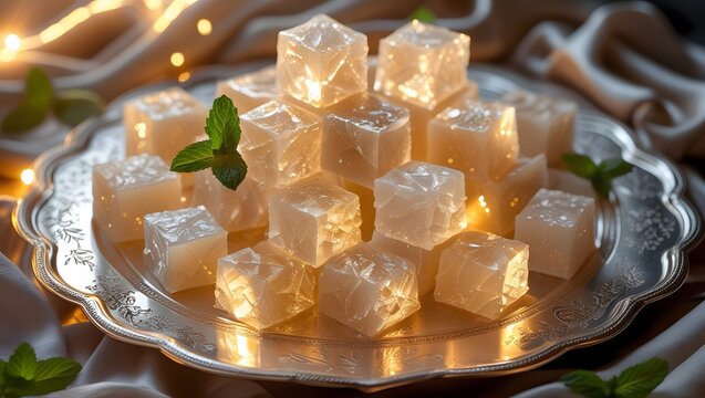 Glistening Halawa Bites: Cubes of halawa sparkling under soft, golden lights on an elegant silver platter, Ramadan Ambience.