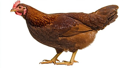 Fototapeta premium Adult Brown Hen Walking Gracefully Against a White Background in Natural Setting