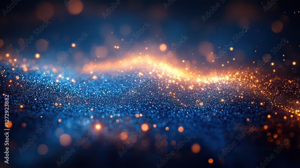 Poster glittering light blue particles shimmer on stage with radiant shine and soft bokeh effect creating a