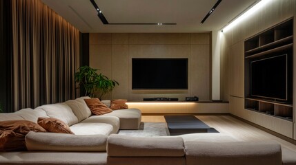 A contemporary living room with a large sectional sofa facing a modern entertainment unit, decorated with stylish accents and ambient lighting.