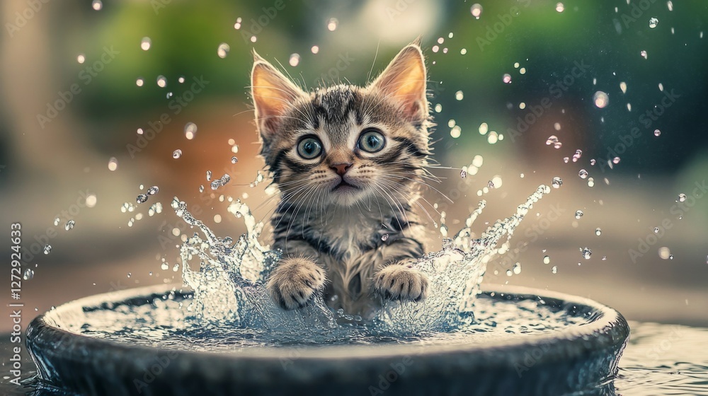Poster a cute shot of a kitten splashing in a shallow basin of water, with droplets flying and a playful ex