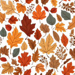A seamless repeat pattern featuring illustrated autumn leaves and twigs in warm fall hues. Perfect for wallpaper,