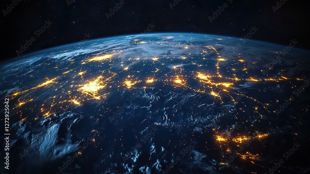 Poster global communication network concept with glowing connections radiating from earth symbolizing inter
