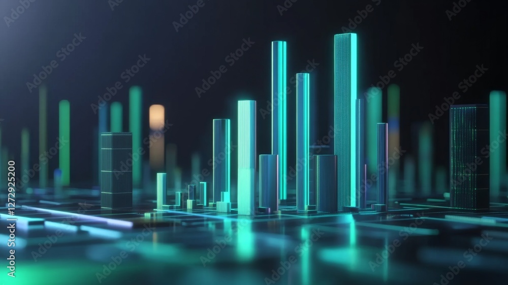 Poster a detailed d financial bar graph with rising bars in blue and green tones, set against a modern digi