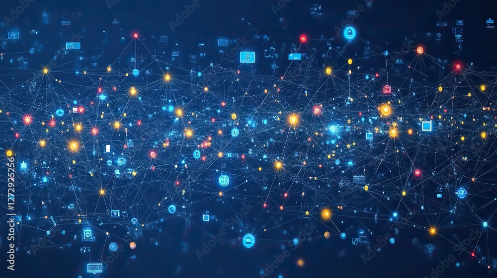 Poster global communication network concept with interconnected business nodes and human resources collabor