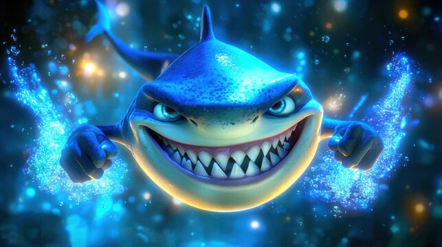 Energetic shark animation underwater realm digital art vibrant environment dynamic viewpoint aquatic adventure concept - Powered by Adobe