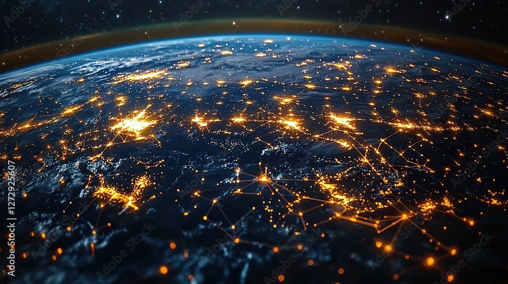Poster global digital network spinning earth from space with virtual connections linking cities across the 