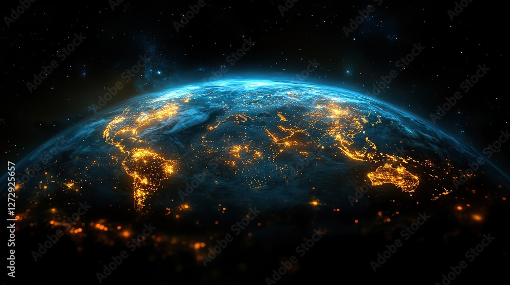 Poster global digital network spinning earth from space with virtual connections linking cities across the 
