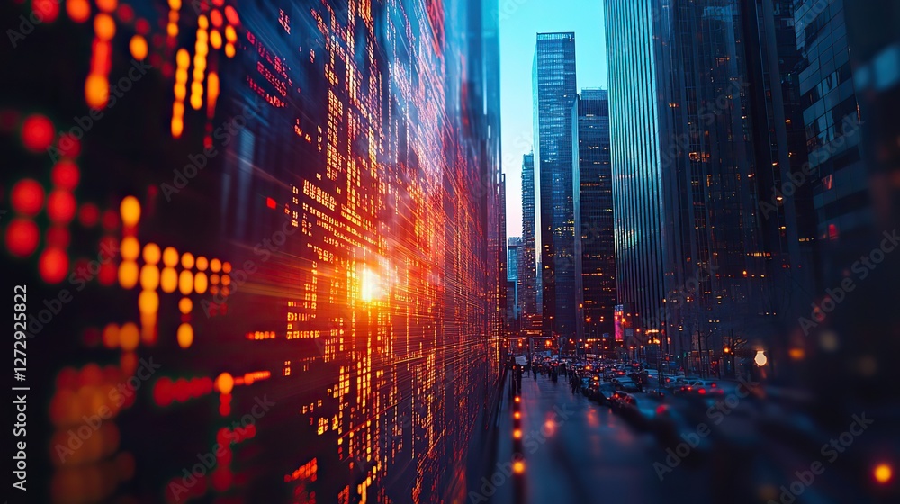 Poster global economic data analysis with interactive charts above modern skyscrapers representing advanced