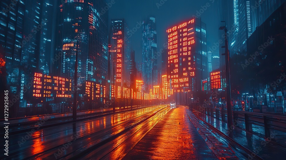 Poster global economic data analysis with interactive charts above modern skyscrapers representing advanced