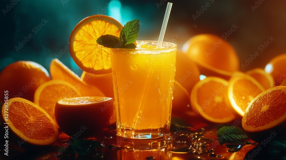 Poster a dramatic shot of freshly squeezed orange juice with a straw, surrounded by vibrant orange slices a