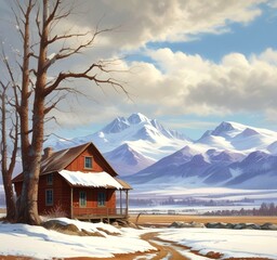 Illustration of spring landscape on mountain.