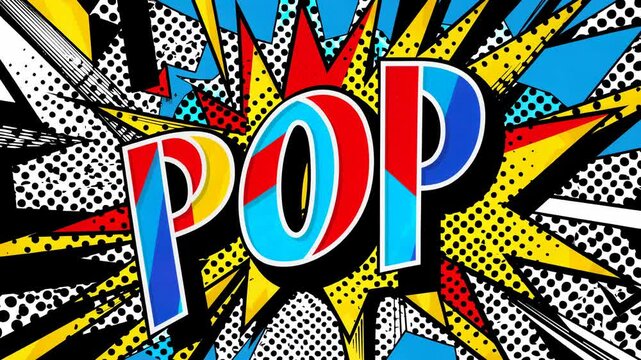 Vibrant pop art style with bold colors and comic book elements. Dynamic camera angle enhances the explosive energy, ideal for a retro video theme.