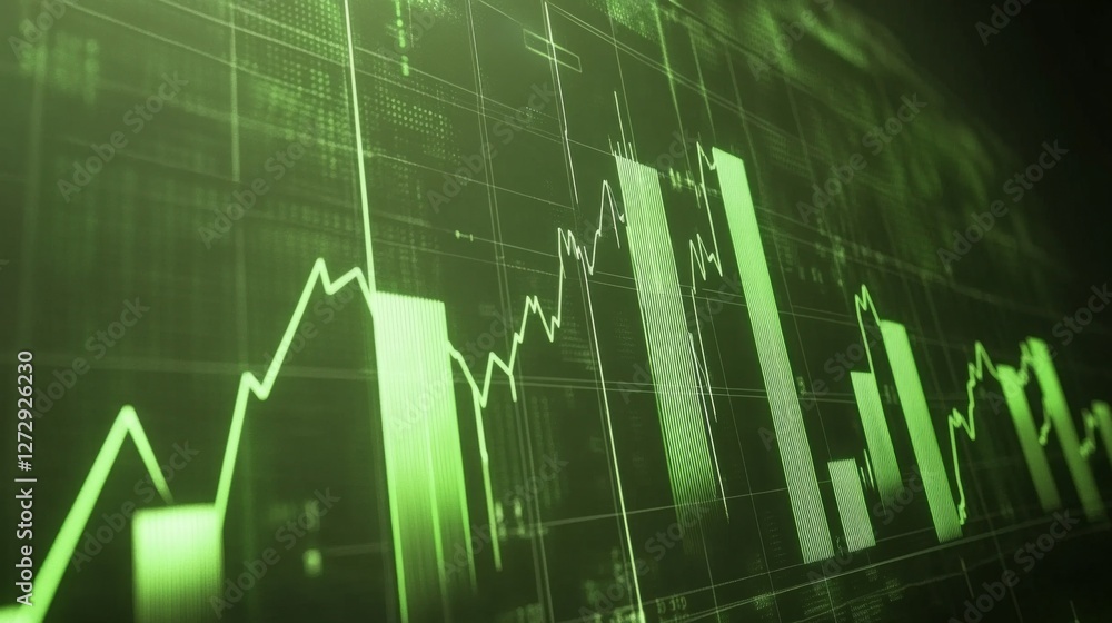 Poster a dynamic d financial bar chart with glowing lines and a digital interface, showing key business met