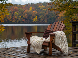 Rustic Adirondack chair cedar wood scenic lakeside dock autumn cozy knit blanket relaxing outdoor retreat warm natural setting peaceful waterfront tranquility cabin escape classic wooden seating wood