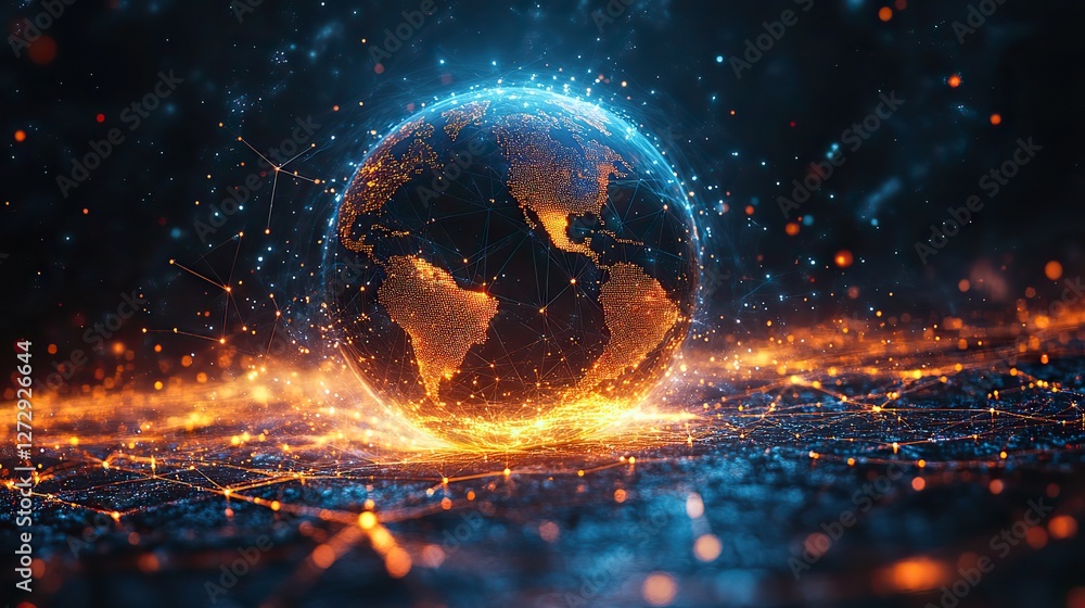 Poster global network connection with geometric grid linking the world representing society community and a