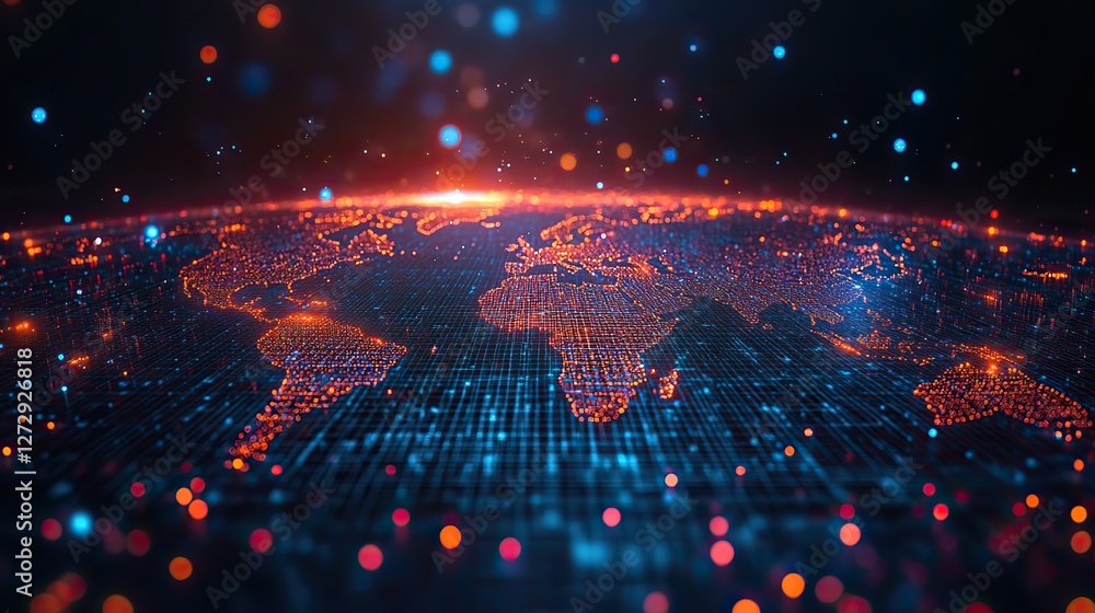 Poster global network connection with world map points in 3d rendering n digital data transfer and global c