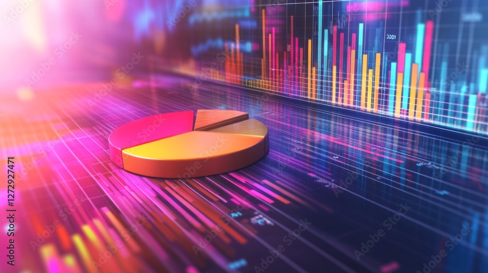 Poster A financial pie chart and line graph in vibrant colors, depicting key business data and market insights on a sleek, modern screen.