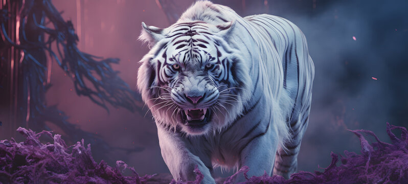 white tiger coming our of chrysalis, plain pastel purple background, ai generative