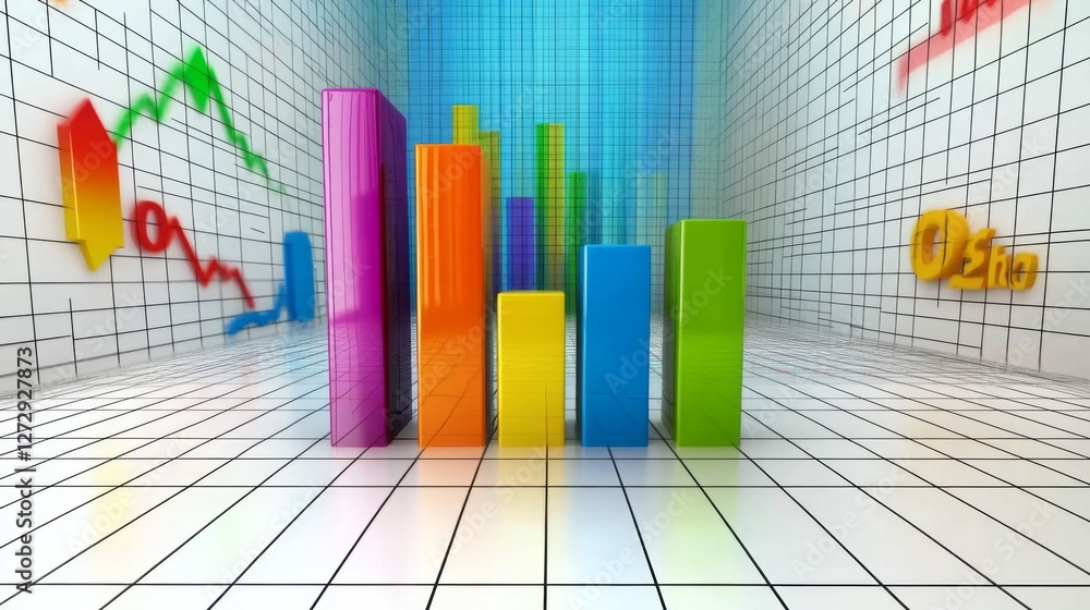 Poster a futuristic financial d bar graph showing rising bars in bright colors, floating against a digital 