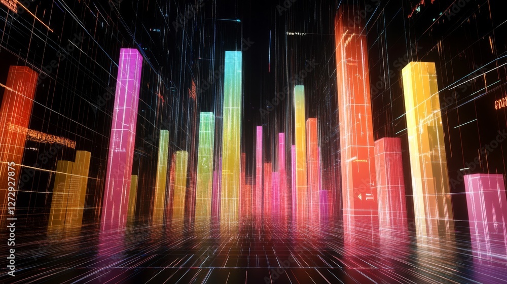 Aufkleber a futuristic financial d bar graph showing rising bars in bright colors, floating against a digital 