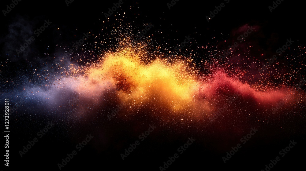 Poster a captivating black background displaying an abundance of colorful powder in motion