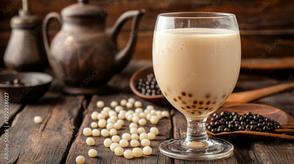 Poster a glass of classic bubble tea with large tapioca pearls, served on a rustic wooden table with a back