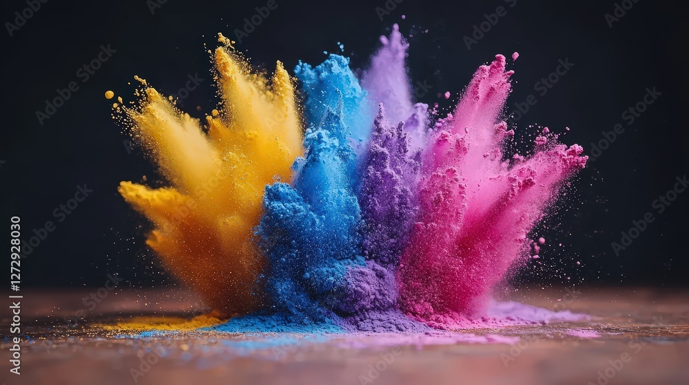 Poster dynamic colorful powder explosion creating a beautiful artistic effect on black background