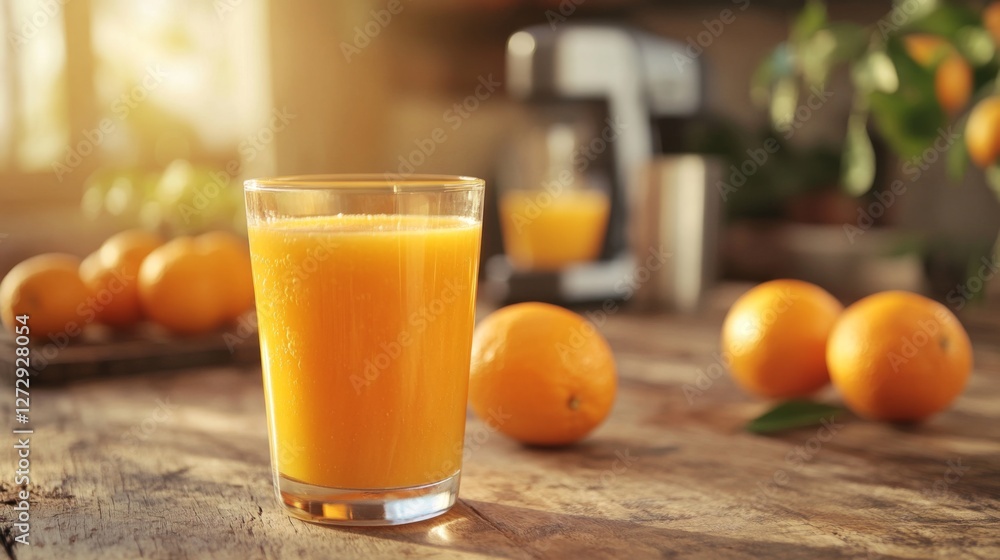 Poster a glass of freshly squeezed orange juice sitting on a rustic wooden table, with a few whole oranges 