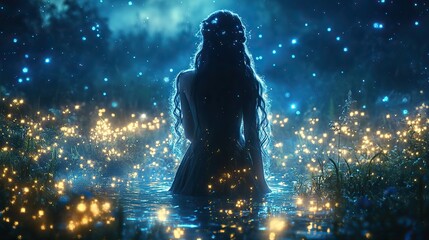 glowing fantasy fairy with long wavy hair by the lake in neon lit forest nighttime enchantment