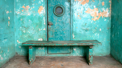 Rustic teal bench near weathered door, peeling paint, nautical background