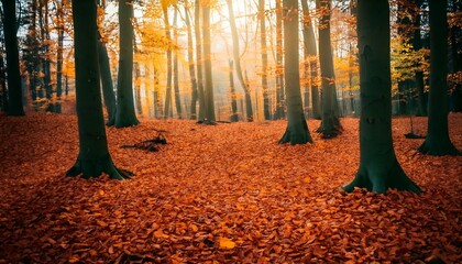 Tranquil fall forest with golden sunlight filtering through trees and a carpet of vibrant red-orange leaves. Ideal for nature, seasonal, travel, and background themes . Ai Generated
