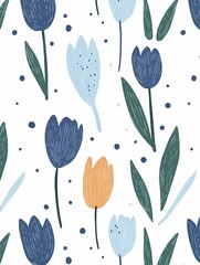 Cute Japanese-Inspired Blue Tulip Pattern with Dots on White

