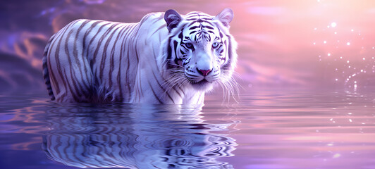 Naklejka premium white tiger coming our of chrysalis, plain pastel purple background, ai generative