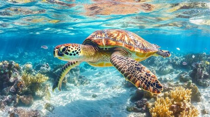 Obraz premium A majestic sea turtle gliding gracefully through crystal-clear turquoise waters, surrounded by colorful coral reefs and schools of fish, showcasing underwater beauty.