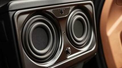 A minimalist car speaker setup in the rear door panel, with clean lines and premium materials, highlighted by soft interior lighting.