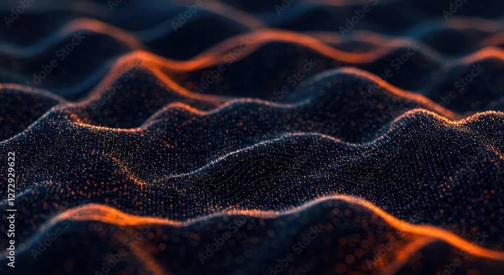 Poster a close-up of abstract digital waves with a textured grid pattern in shades of deep blue and orange 