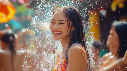 Obraz premium Smiling young woman enjoying a refreshing shower in winter atmosphere