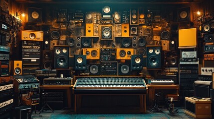 Vintage Music Studio, Wall of Speakers, Audio Equipment, Recording Session