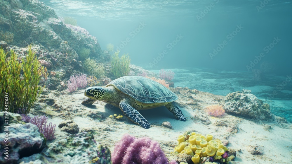 Poster a peaceful image of a sea turtle resting on a rocky seabed, with soft corals and colorful sponges su