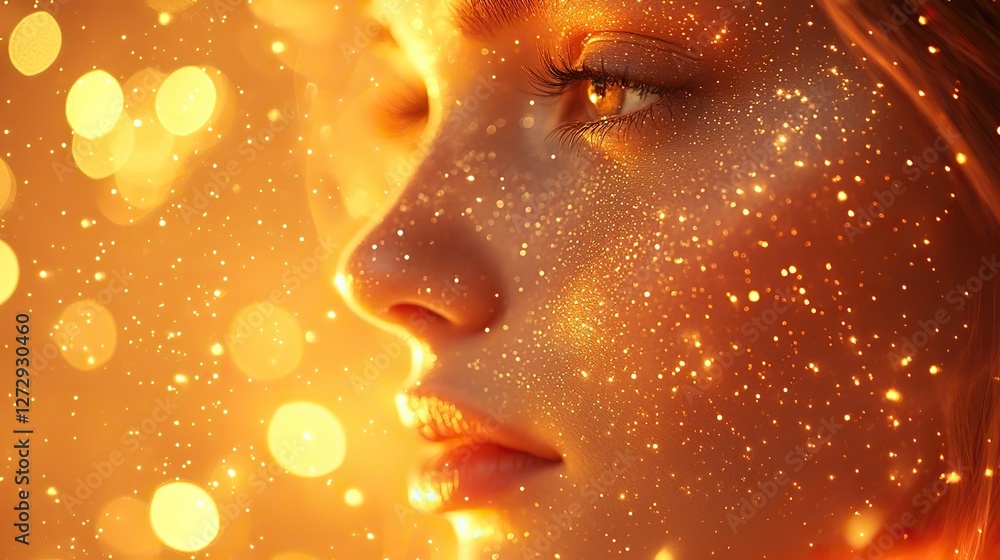 Poster golden bokeh confetti overlay with glowing yellow circles and sparkling dust creating a luxurious fe
