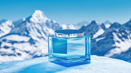 Showcasing a luxurious skincare product on a frozen mountain landscape high-quality visuals vibrant blue tones