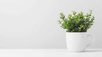 Small plant in white mug on light background
