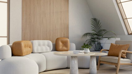 A contemporary, luxurious living room features a modern sofa, a coffee table, and home decor.