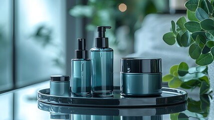 Teal skincare products on tray, modern setting, wellness