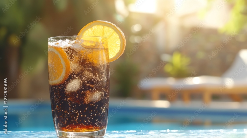 Poster a refreshing glass of fizzy soda garnished with citrus slices, sitting on a poolside table with a bl