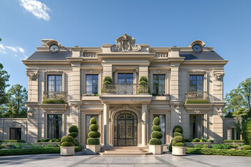 Full front view of a classic house in elegant pearl, with a symmetrical design and topiaries flanking the front door.
