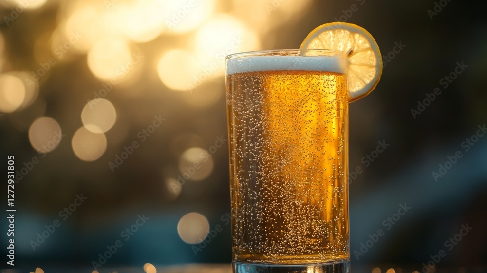 Poster a refreshing lager in a tall glass with bubbles rising to the surface, accompanied by a slice of lem