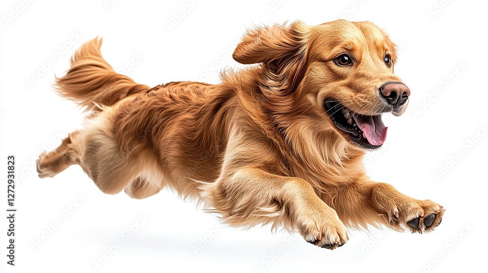 Poster golden retriever dog running and jumping happily on transparent background isolated png image of pla